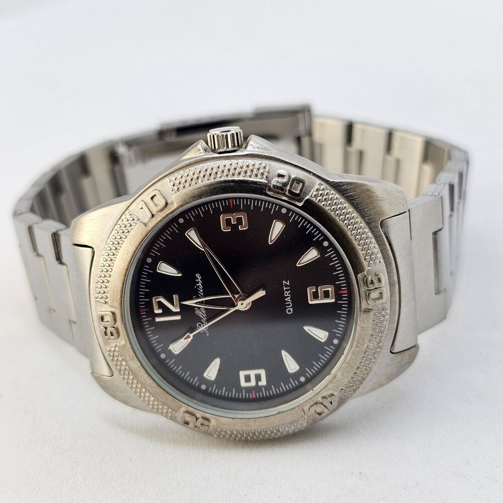 Belle Suisse 38MM Men's Watch Black Dial Gray Band Mineral Crystal 8" NewBattery